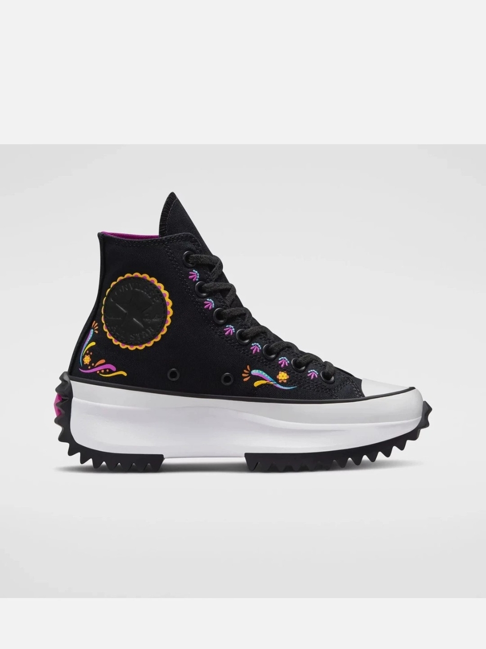 Black High-Top Platform Sneakers with Colorful Embroidery
